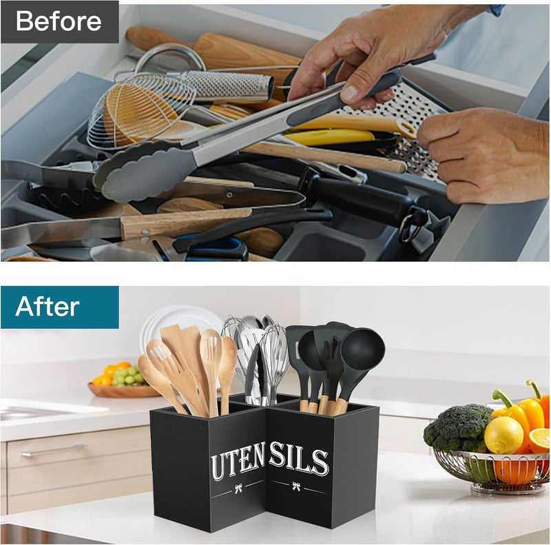 Suli Extra Large Kitchen Utensils Holder with 3 Compartments,Corner Utensil Caddy for Countertop,Wooden Utensil Organizer for Kitchen Countertop, Farmhouse Decor- Black - Image 5